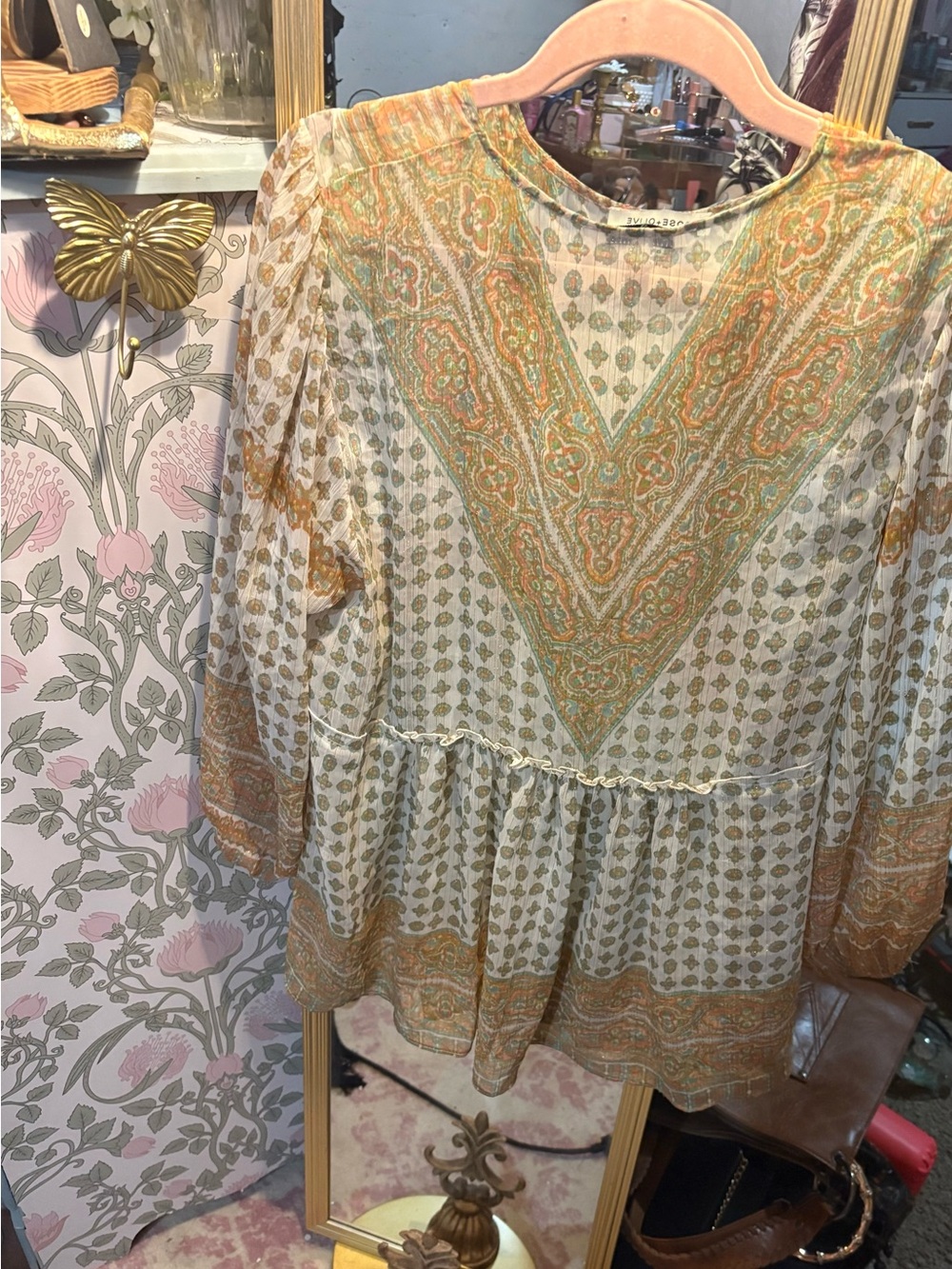 Rose & Olive Sage and Mustard Paisley V-Neck Peasant Tunic - Picture 2 of 2